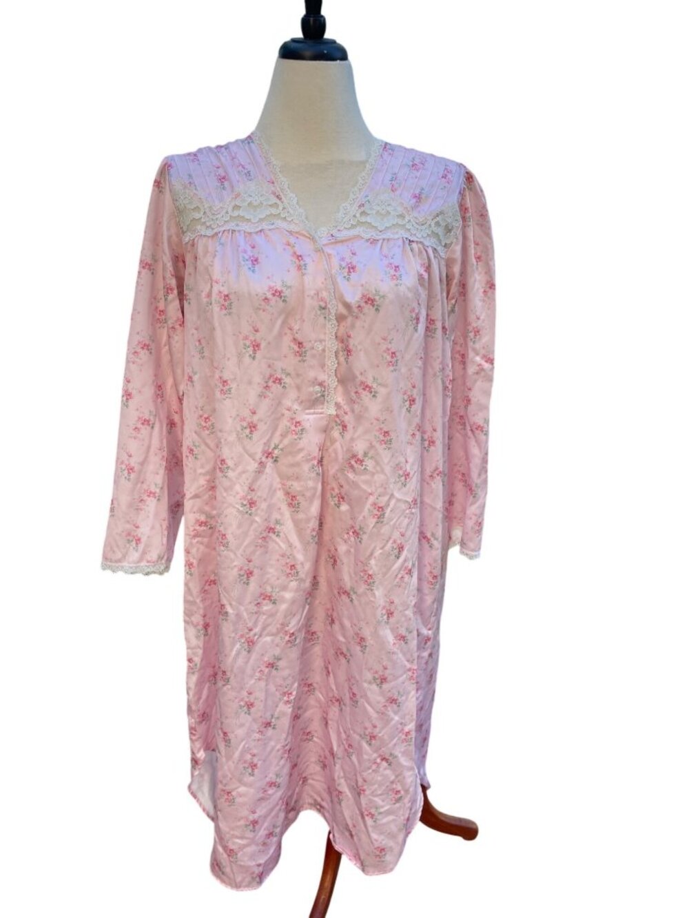 Pink Floral Lace Trim Nightgown Long Sleeve Womens Size Large Vintage